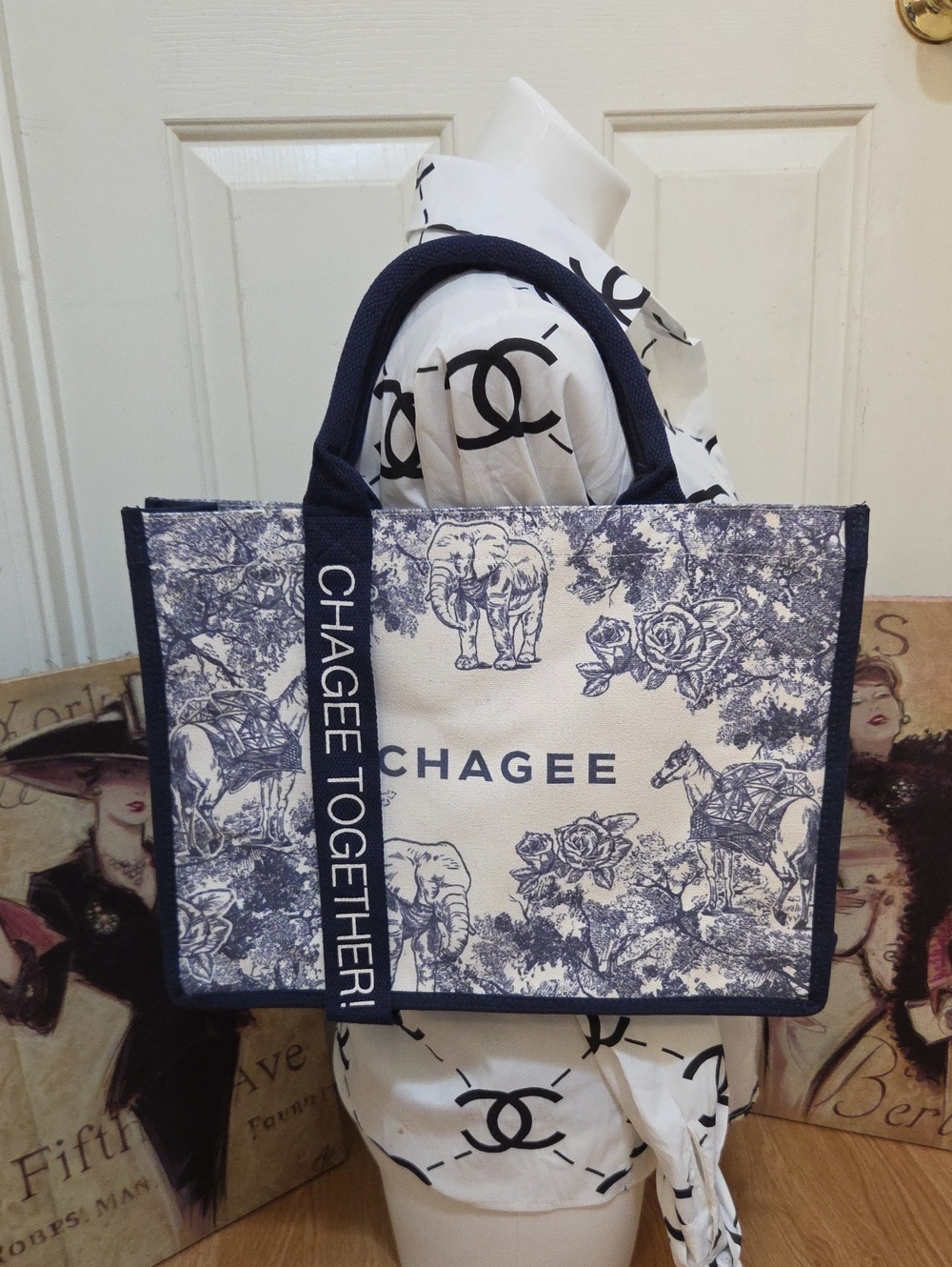 CHAGEE Navy & Cream Printed Tote Bag